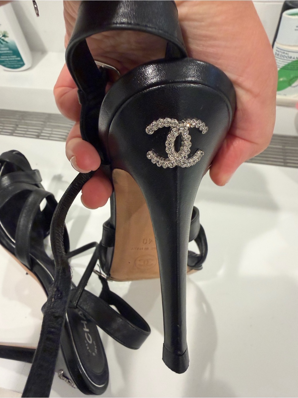 CHANEL Black Leather Crisscross Slingback Heels - Picture 7 of 8